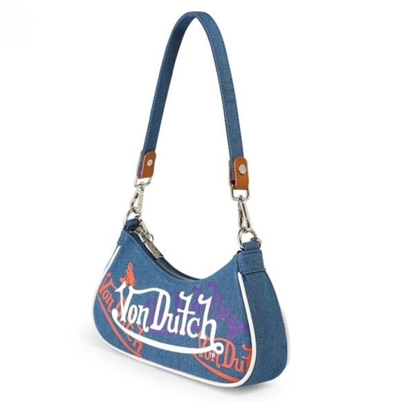 🔥NEW W/Tags Von Dutch Denim/Orange/Purple Logo Shoulder Bag W/ CUTE Mini Wrench - Picture 4 of 10